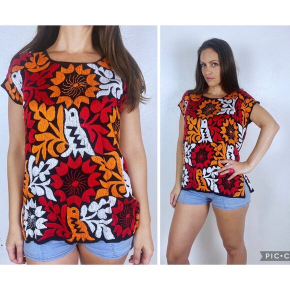vintage 70s Orange Red EMBROIDERED BIRDS Jalapa Huipil MEXICAN Top os tunic boho - Picture 1 of 10